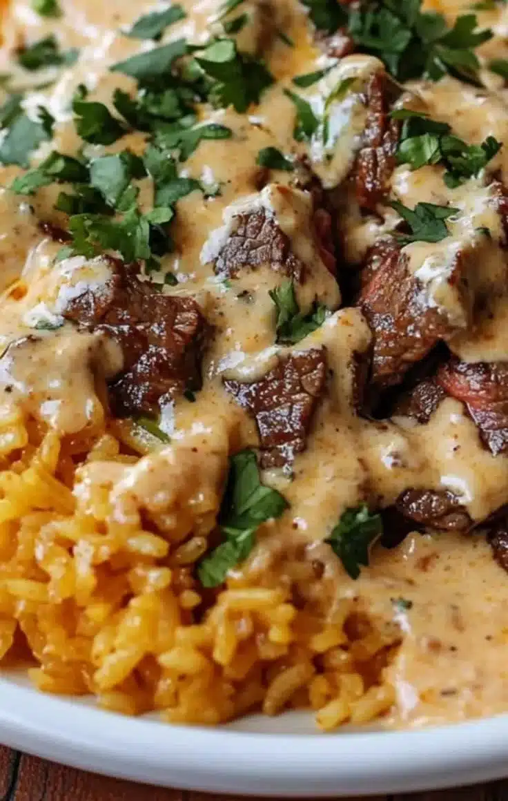 Plate of irresistible steak queso rice topped with cheese and spices