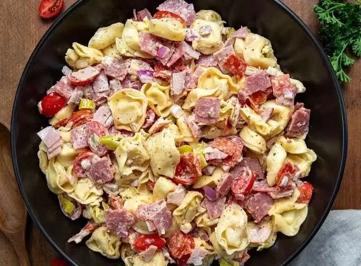 Italian Grinder Tortellini Salad with fresh vegetables and dressing