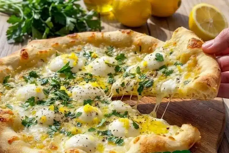 Delicious Lemon Basil Pizza topped with fresh basil and lemon slices