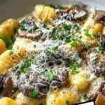 Delicious mushroom gnocchi served with a creamy Parmesan sauce