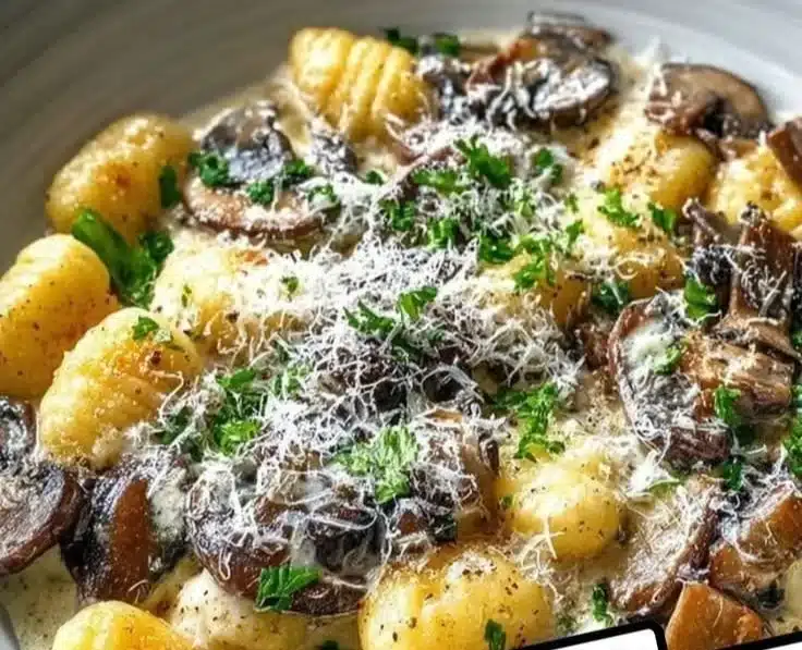 Delicious mushroom gnocchi served with a creamy Parmesan sauce