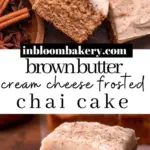 Delicious spiced chai cake slice topped with frosting and spices.