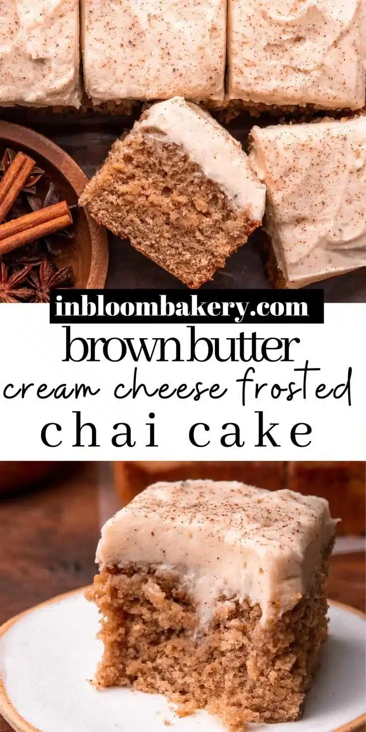 Delicious spiced chai cake slice topped with frosting and spices.