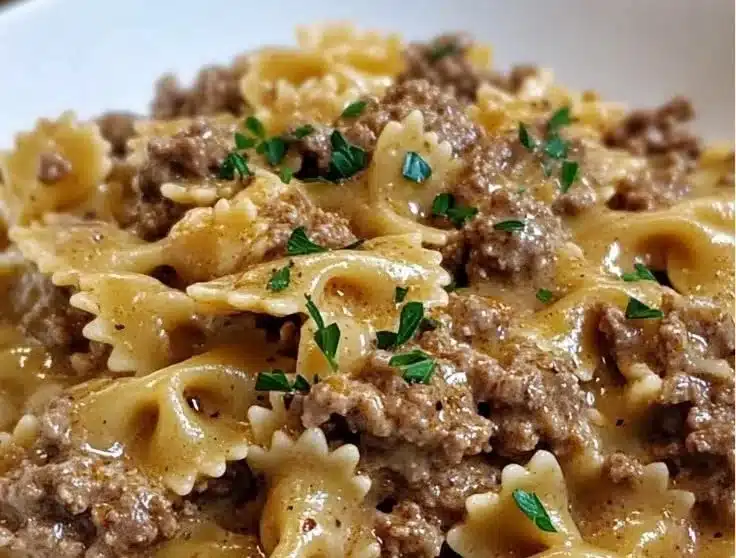 Creamy Parmesan Garlic Beef Bowtie Pasta