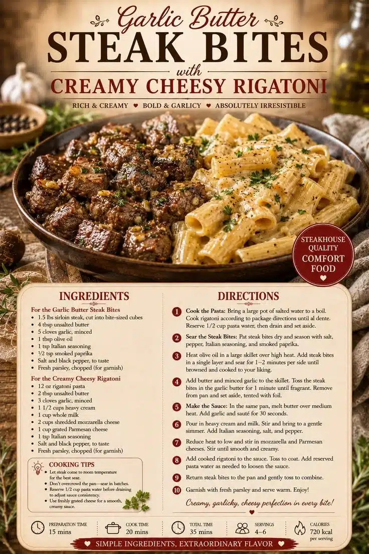 Garlic Butter Steak Bites with Creamy Cheesy Rigatoni